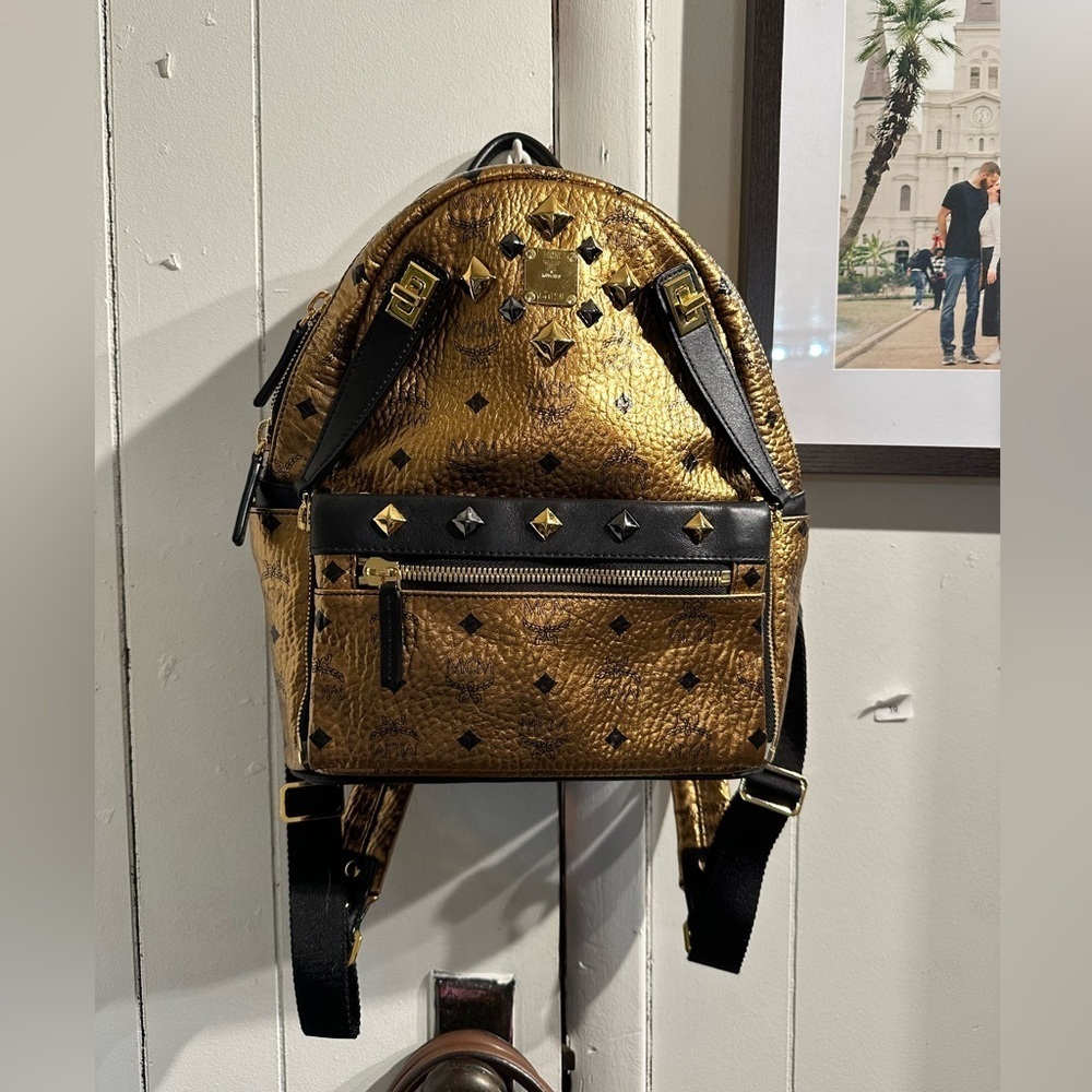 AUTHENTIC LIMITED EDITION MCM Gold bronze and Black Studded Backpack large size